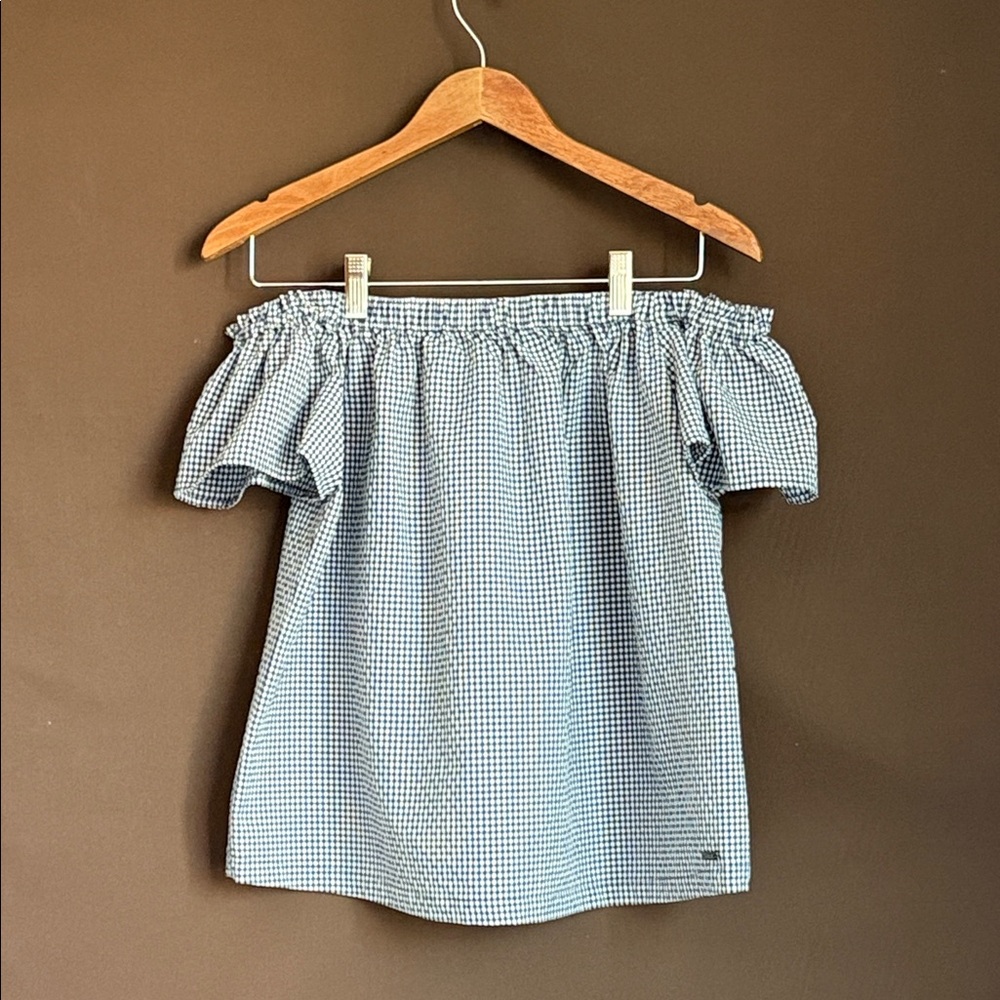 Armani Exchange Blue Gingham Off-Shoulder Blouse